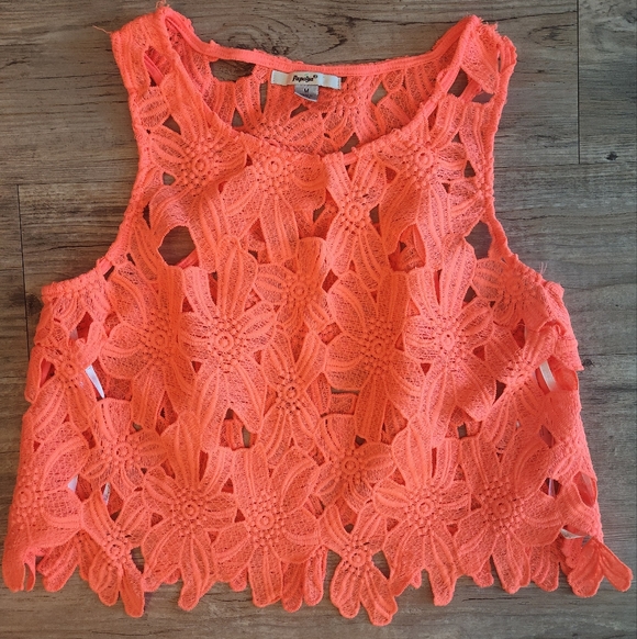 Papaya Tops - Crochet Floral Sleeveless Top - Bright Coral